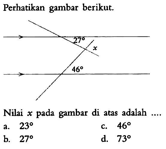 Perhatikan gambar berikut.Nilai x pada gambar di atas adalah ....a.  23 c.  46 b.  27 d.  73 