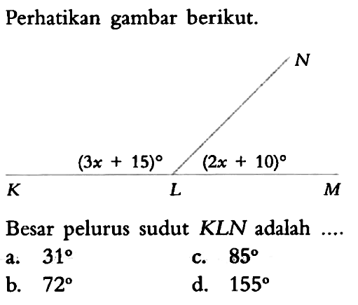 Perhatikan gambar berikut. (3x+15) (2x+10) Besar pelurus sudut KLN adalah  ....