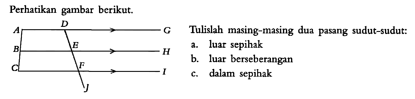 Perhatikan gambar berikut.Tulislah masing-masing dua pasang sudut-sudut:a. luar sepihakb. luar berseberanganc. dalam sepihak