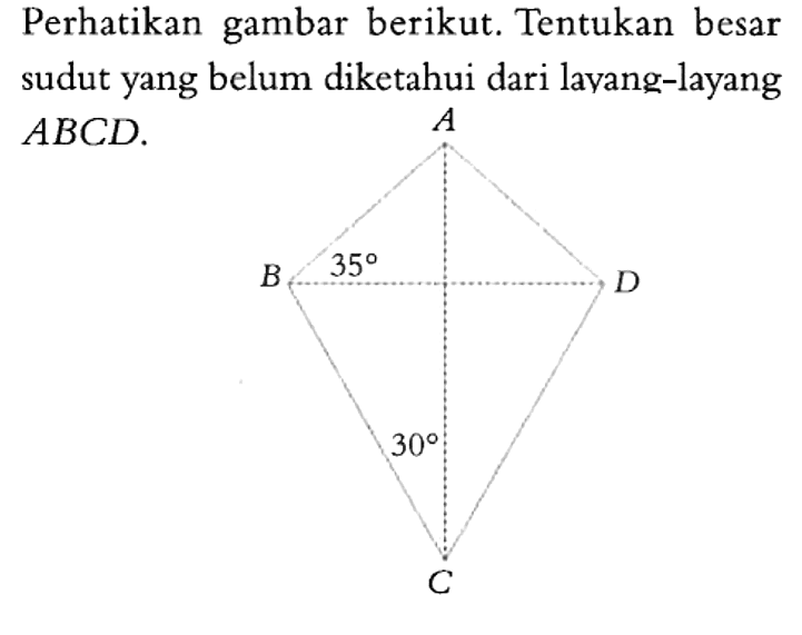 Perhatikan gambar berikut. Tentukan besar sudut yang belum diketahui dari layang-layang  ABCD . 