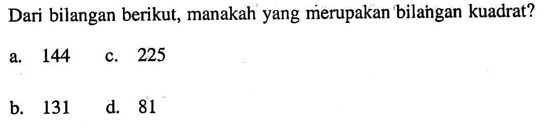 Dari bilangan berikut, manakah yang merupakan bilangan kuadrat?