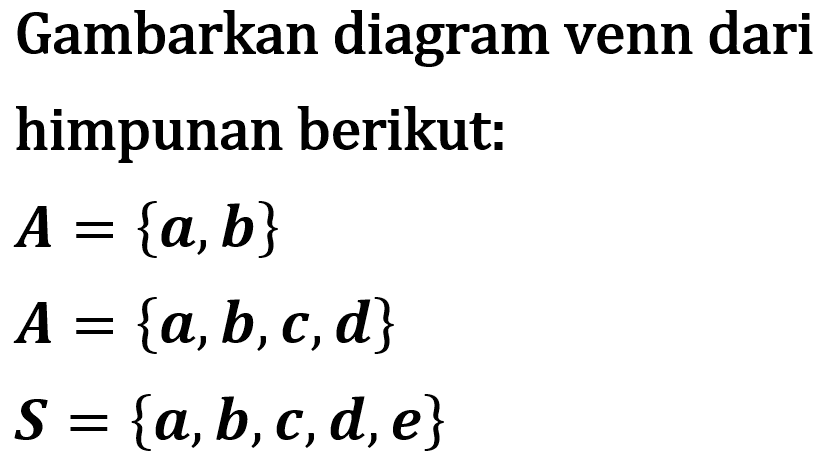 Gambarkan diagram venn dari himpunan berikut: A = {a,b} A = {a,b,c,d} S = {a,b,c,d,e}