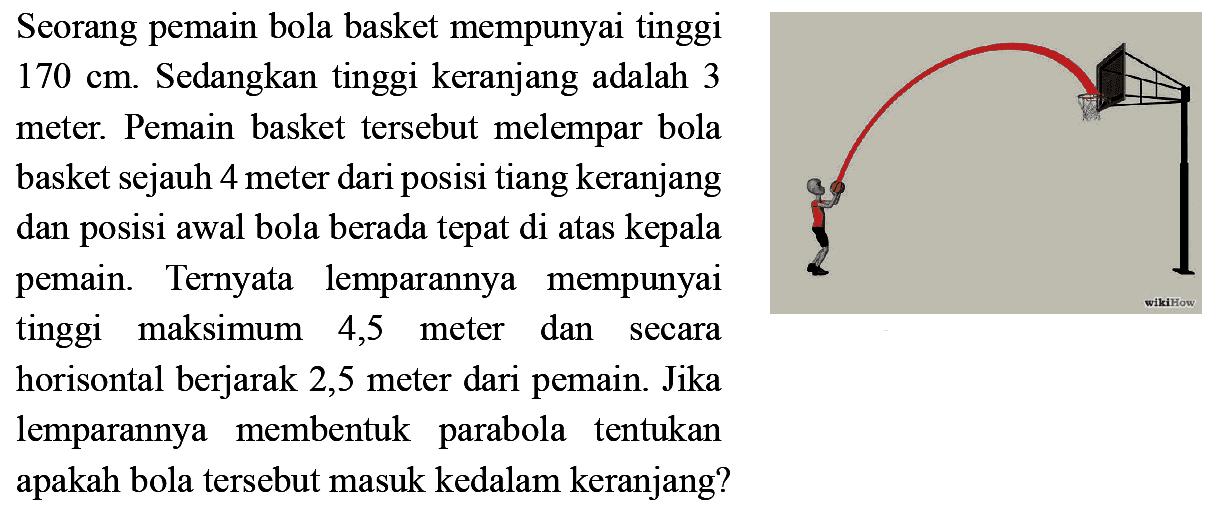 Seorang pemain bola basket mempunyai tinggi170 cm. Sedangkan tinggi keranjang adalah 3meter. Pemain basket tersebut melempar bolabasket sejauh 4 meter dari posisi tiang keranjangdan posisi awal bola berada tepat di atas kepalapemain. Ternyata lemparannya mempunyaitinggi maksimum 4,5 meter dan secarahorisontal berjarak 2,5 meter dari pemain. Jikalemparannya membentuk parabola tentukanapakah bola tersebut masuk kedalam keranjang?