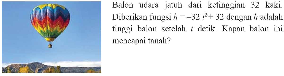 Balon udara jatuh dari ketinggian 32 kaki. Diberikan fungsi h =-32t^2 + 32 dengan h adalah tinggi balon setelah t detik. Kapan balon ini mencapai tanah?