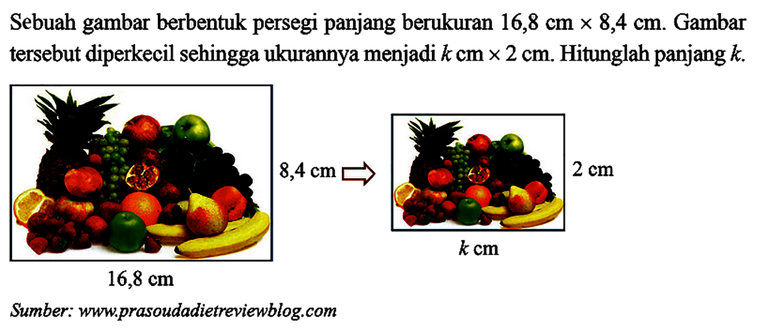 Sebuah gambar berbentuk persegi panjang berukuran 16,8 cm x 8,4 cm. Gambar tersebut diperkecil sehingga ukurannya menjadi k cm x 2 cm. Hitunglah panjang k. 8,4 cm 16,8 cm => 2 cm k cm Sumber: www.prasoudadietreviewblog.com