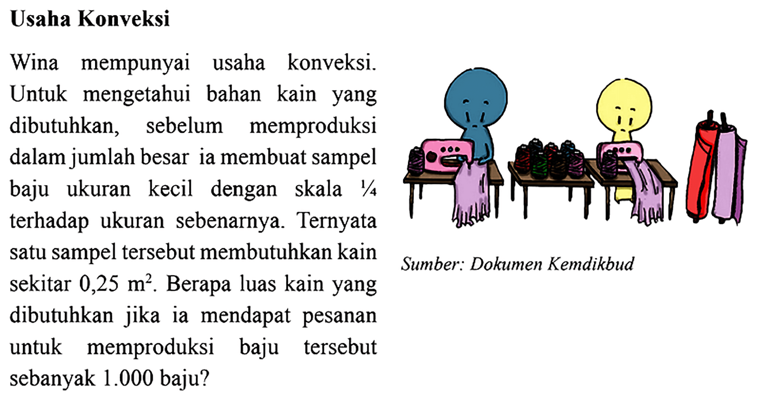 Usaha KonveksiWina mempunyai usaha konveksi.Untuk mengetahui bahan kain yang dibutuhkan, sebelum memproduksi dalam jumlah besar ia membuat sampel baju ukuran kecil dengan skala  1 / 4  terhadap ukuran sebenarnya. Ternyata satu sampel tersebut membutuhkan kainSumber: Dokumen Kemdikbud sekitar  0,25 m^2 .  Berapa luas kain yang  di^1 ka  dibutuhkan jika ia mendapat pesanan untuk memproduksi baju tersebut untuk memproduksi sebanyak  1.000  baju?