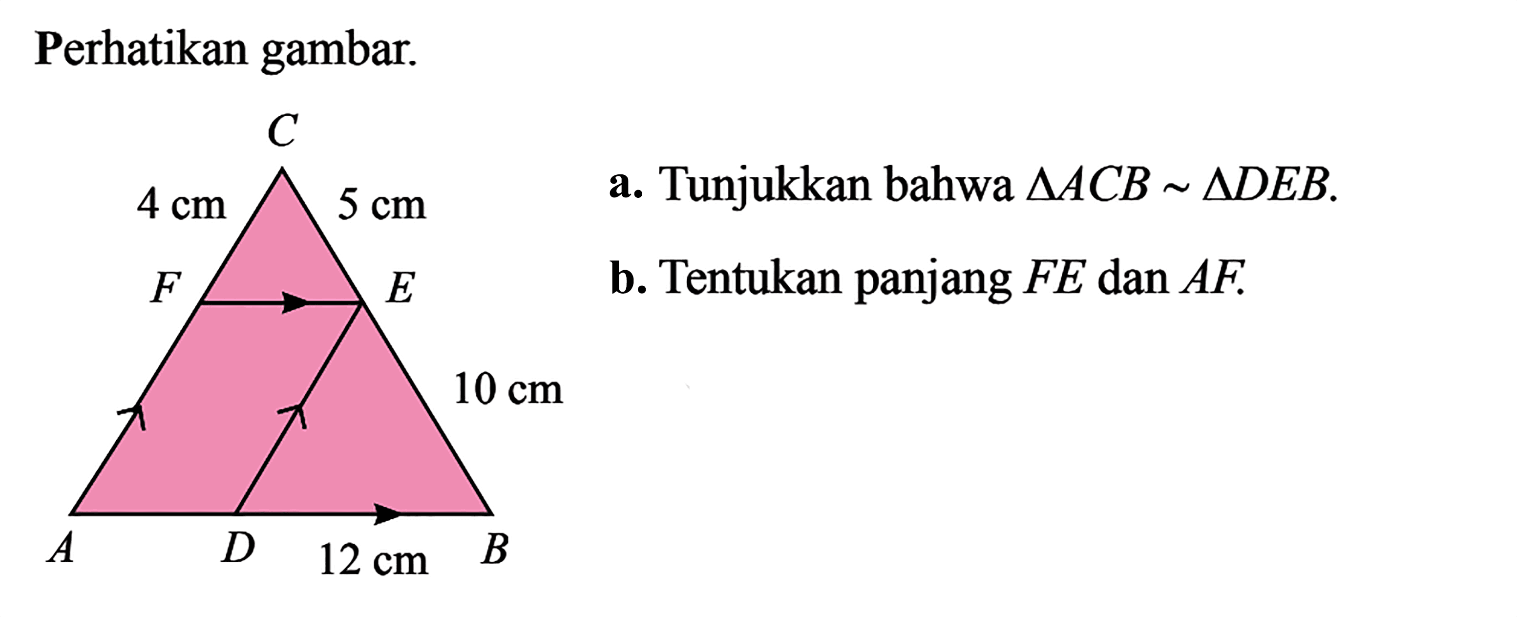 Perhatikan gambar. C 4 cm 5 cm F E 10 cm A D 12 cm B a. Tunjukkan bahwa  segitiga ACB ~segitiga DEB .b. Tentukan panjang FE dan  AF.