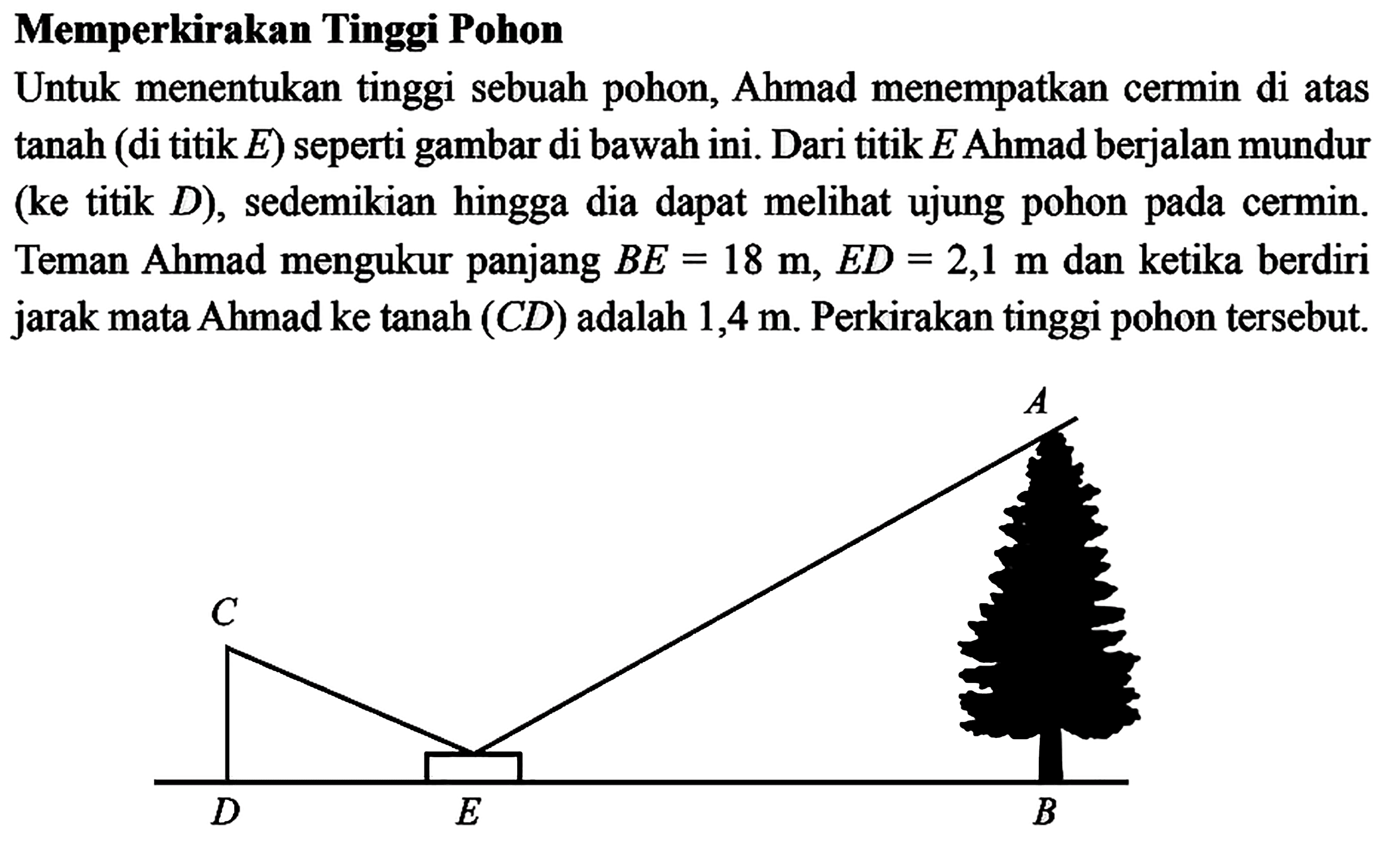 Memperkirakan Tinggi PohonUntuk menentukan tinggi sebuah pohon, Ahmad menempatkan cermin di atas tanah (di titik  E  ) seperti gambar di bawah ini. Dari titik  E  Ahmad berjalan mundur (ke titik  D  ), sedemikian hingga dia dapat melihat ujung pohon pada cermin. Teman Ahmad mengukur panjang  BE=18 m, ED=2,1 m  dan ketika berdiri jarak mata Ahmad ke tanah  (CD)  adalah  1,4 m . Perkirakan tinggi pohon tersebut.