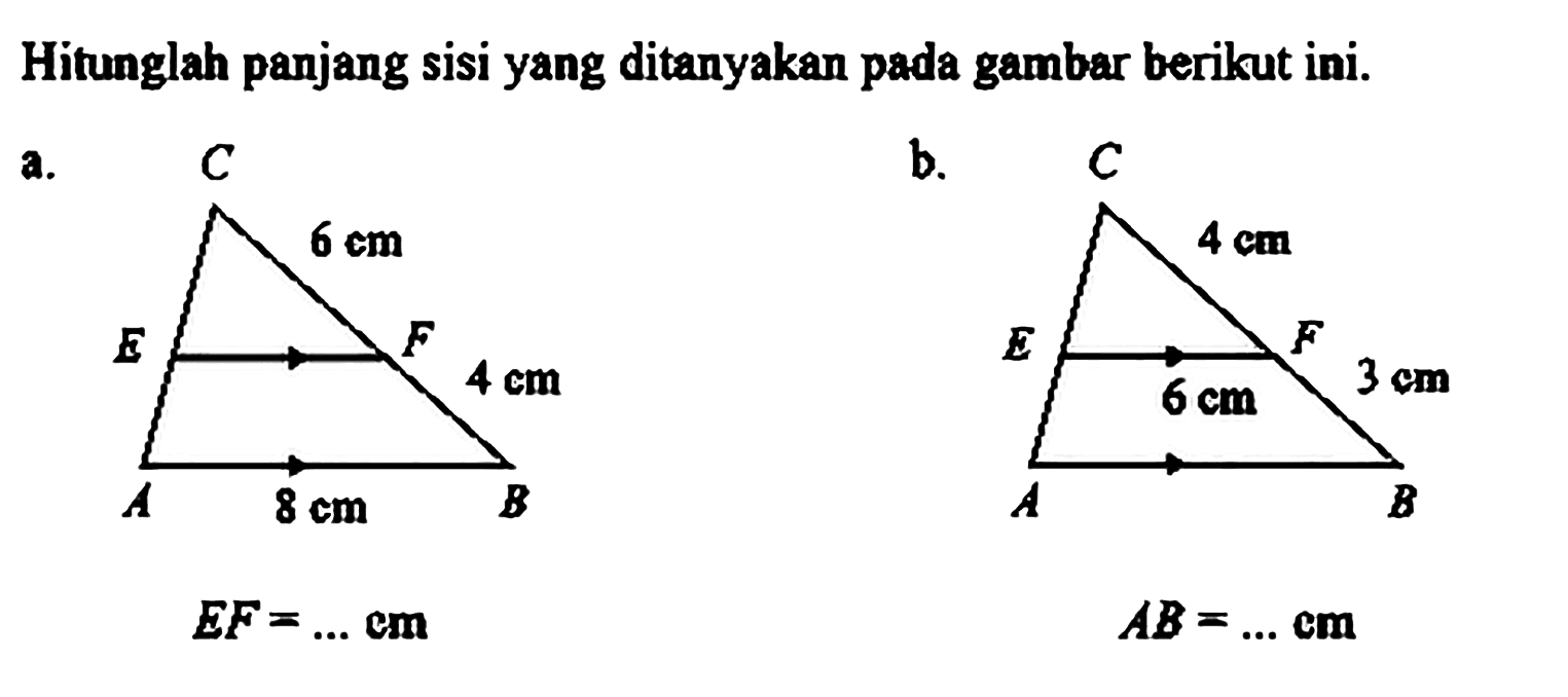 Hitunglah panjang sisi yang ditanyakan pada gambar berikut ini.
a. 6 cm 4 cm 8 cm EF=.... cm
b. 4 cm 6 cm 3 cm AB=.... cm