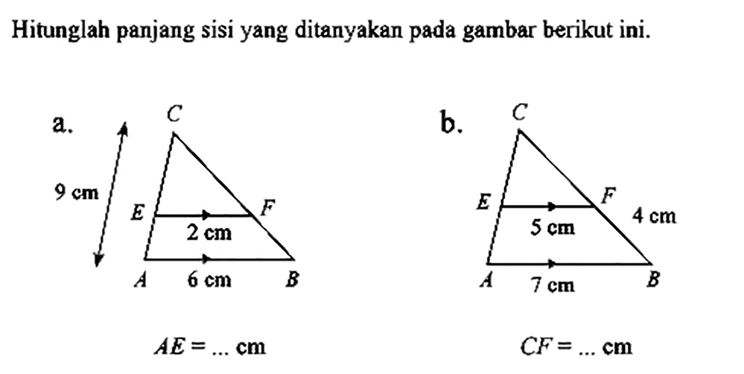 Hitunglah panjang sisi yang ditanyakan pada gambar berikut ini.a. AE=.... cmb. CF=.... cm