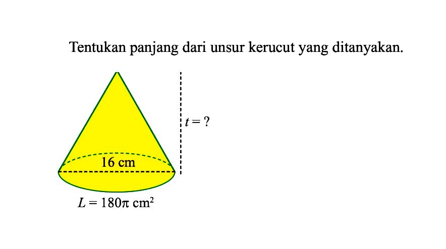 Tentukan panjang dari unsur kerucut yang ditanyakan. t=? 16 cm L=180 pi cm^2