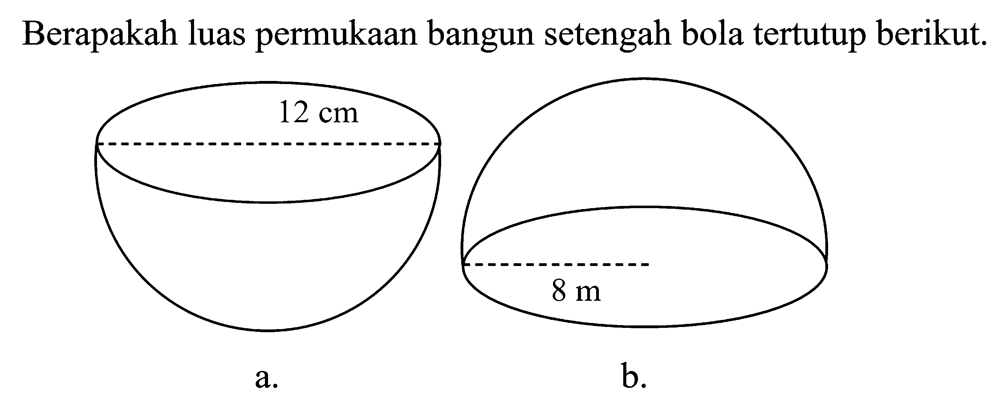 Berapakah luas permukaan bangun setengah bola tertutup berikut.a. 12 cmb. 8 cm