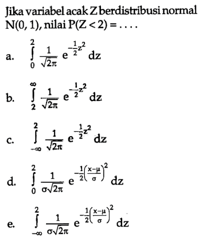 Jika variabel acak Z berdistribusi normal N(0,1), nilai  kg(Z<2)=.... 