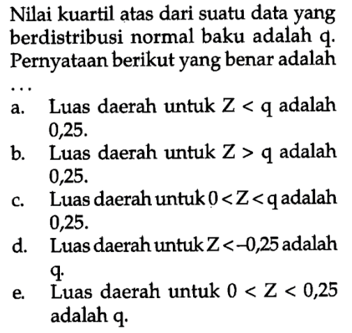 Nilai kuartil atas dari suatu data yang berdistribusi normal baku adalah q. Pernyataan berikut yang benar adalah...