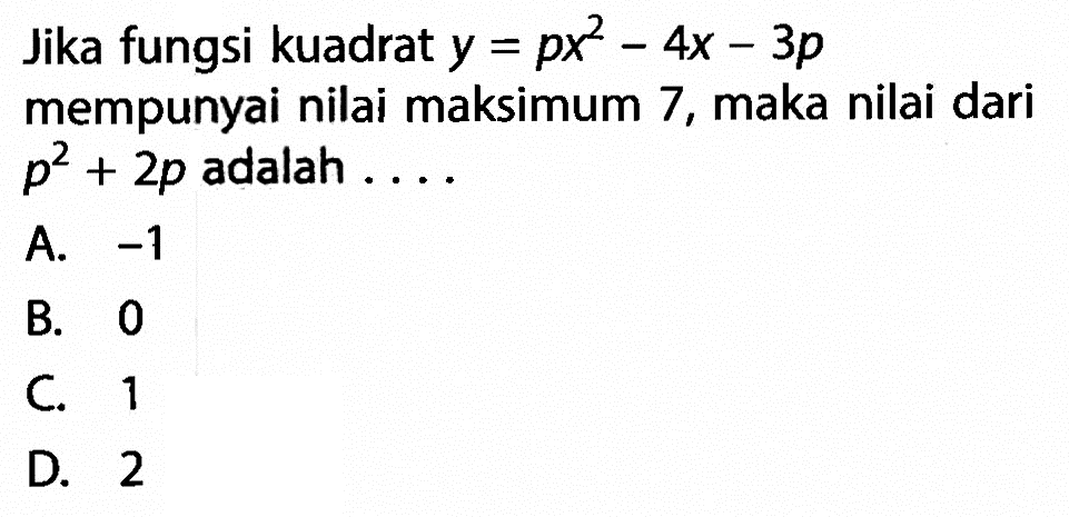 Jika fungsi kuadrat y = px^2 - 4x - 3p mempunyai nilai maksimum 7, maka nilai dari p^2 + 2p adalah . . . .