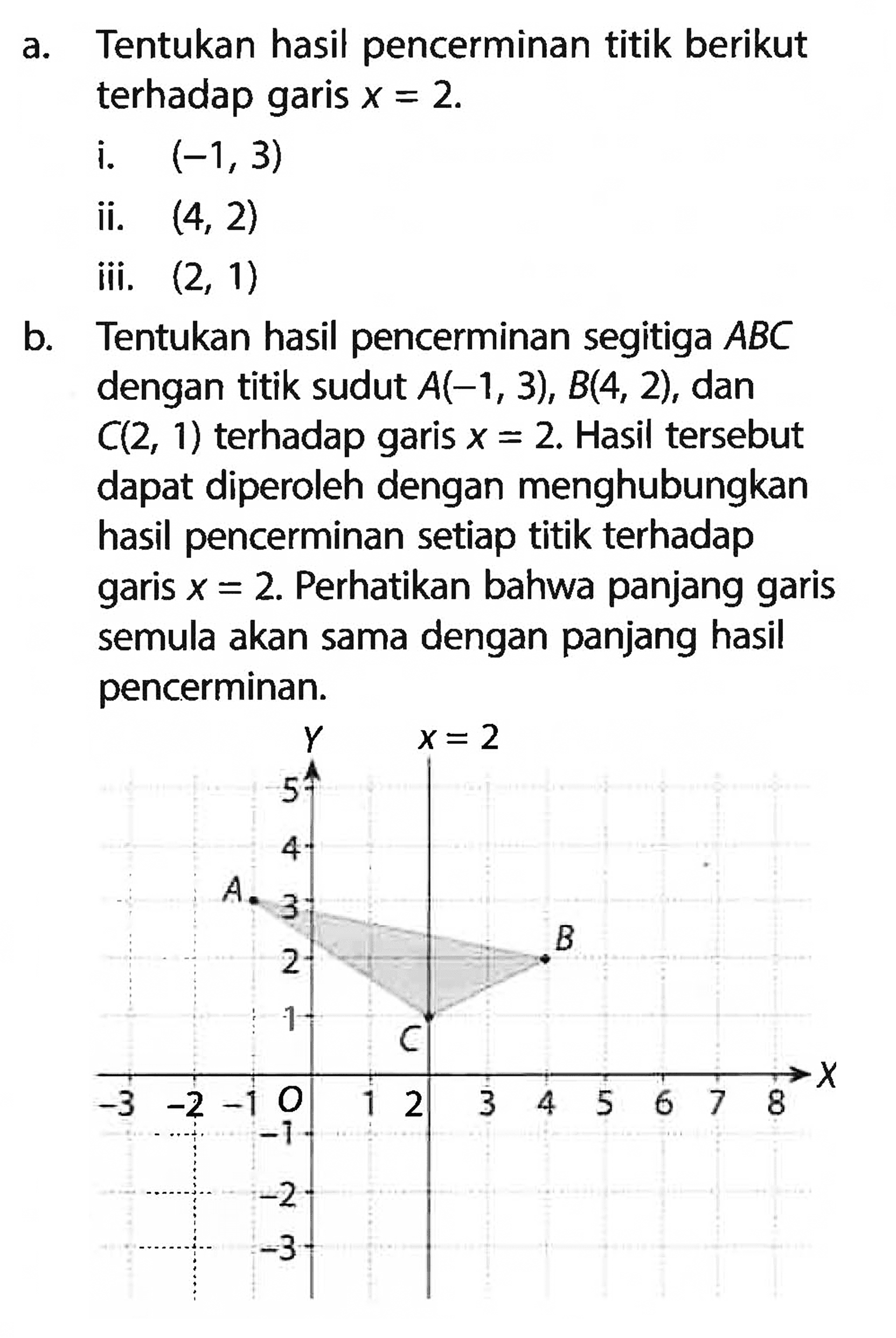 a. Tentukan hasil pencerminan titik berikut terhadap garis  x=2 .i.  (-1,3) ii.  (4,2) iii.  (2,1) b. Tentukan hasil pencerminan segitiga ABC dengan titik sudut  A(-1,3), B(4,2) , dan  C(2,1)  terhadap garis  x=2. Hasil tersebut dapat diperoleh dengan menghubungkan hasil pencerminan setiap titik terhadap garis  x=2. Perhatikan bahwa panjang garis semula akan sama dengan panjang hasil pencerminan.