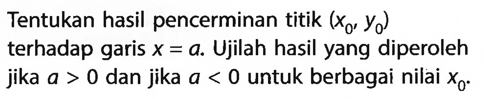 Tentukan hasil pencerminan titik (x0, y0)  terhadap garis  x = a. Ujilah hasil yang diperoleh jika a > 0 dan jika a < 0 untuk berbagai nilai x0.