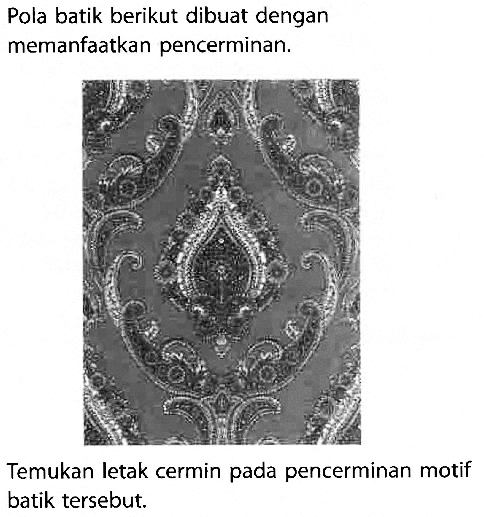 Pola batik berikut dibuat dengan memanfaatkan pencerminan.
Temukan letak cermin pada pencerminan motif batik tersebut.