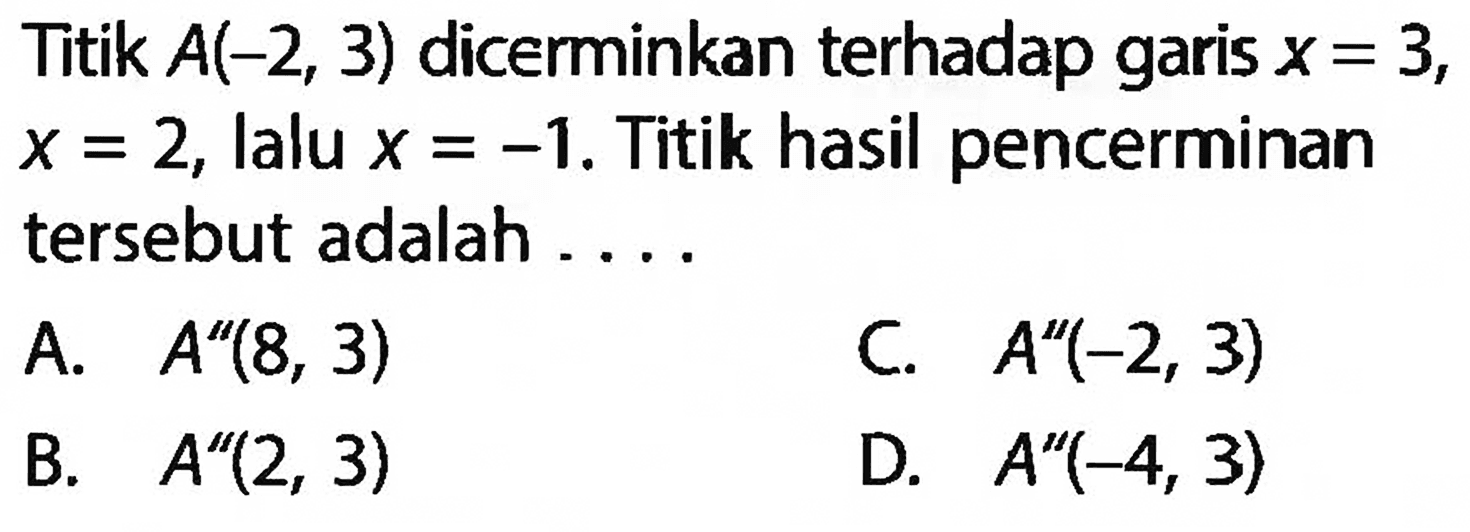 Titik  A(-2,3) dicerminkan terhadap garis x=3, x=2, lalu x=-1. Titik hasil pencerminan tersebut adalah....