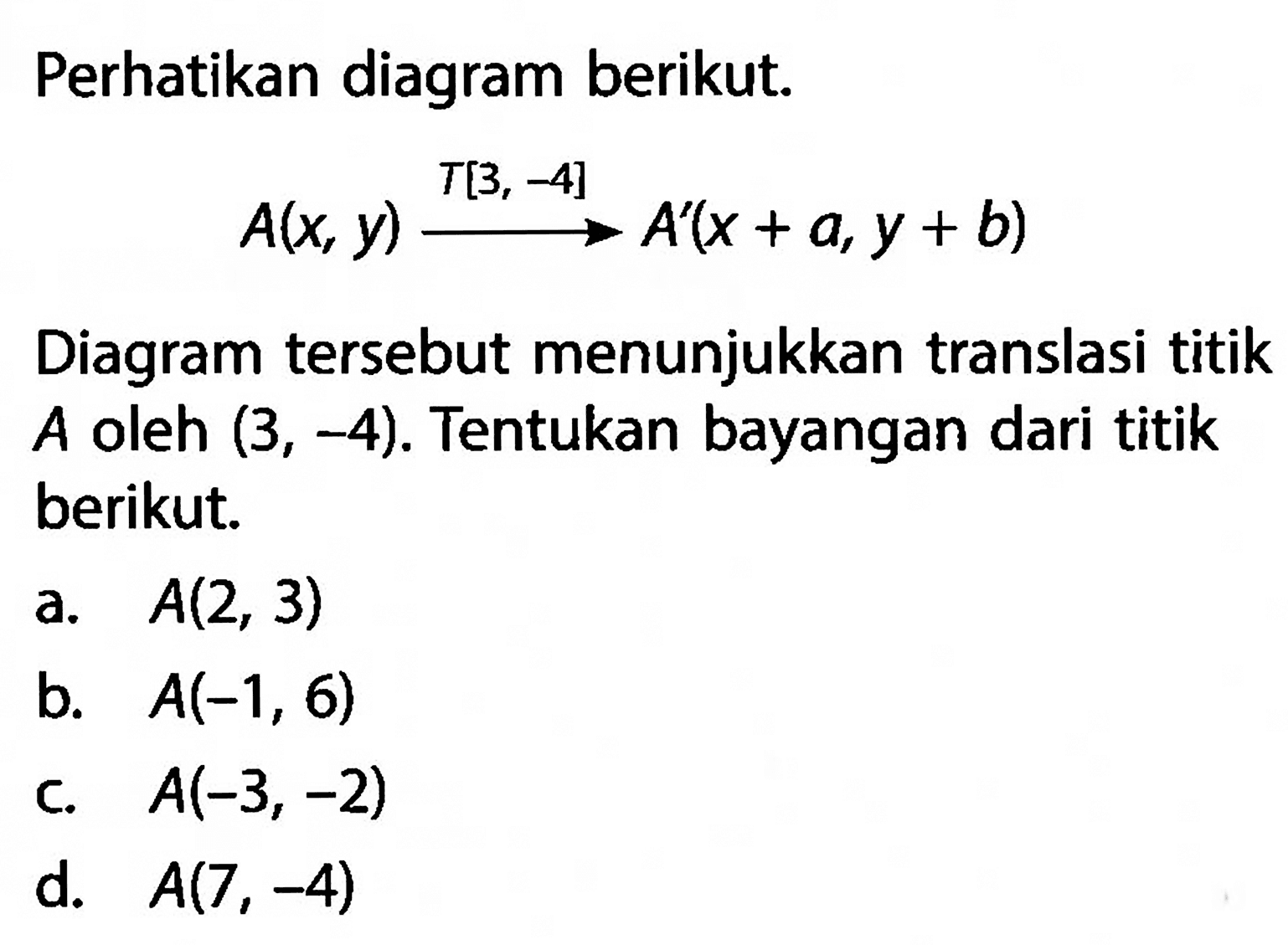 Perhatikan diagram berikut. A(x, y) T[3,-4]-> A'(x+a, y+b) Diagram tersebut menunjukkan translasi titik A oleh (3,-4). Tentukan bayangan dari titik berikut.