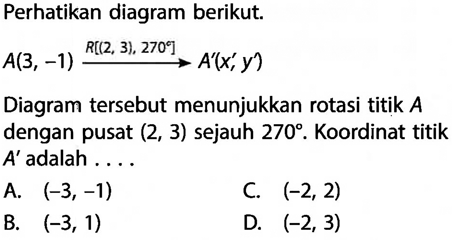 Perhatikan diagram berikut.A(3,-1) -> R[(2,3), 270] A'(x', y')Diagram tersebut menunjukkan rotasi titik A dengan pusat (2,3) sejauh 270. Koordinat titik A' adalah ....