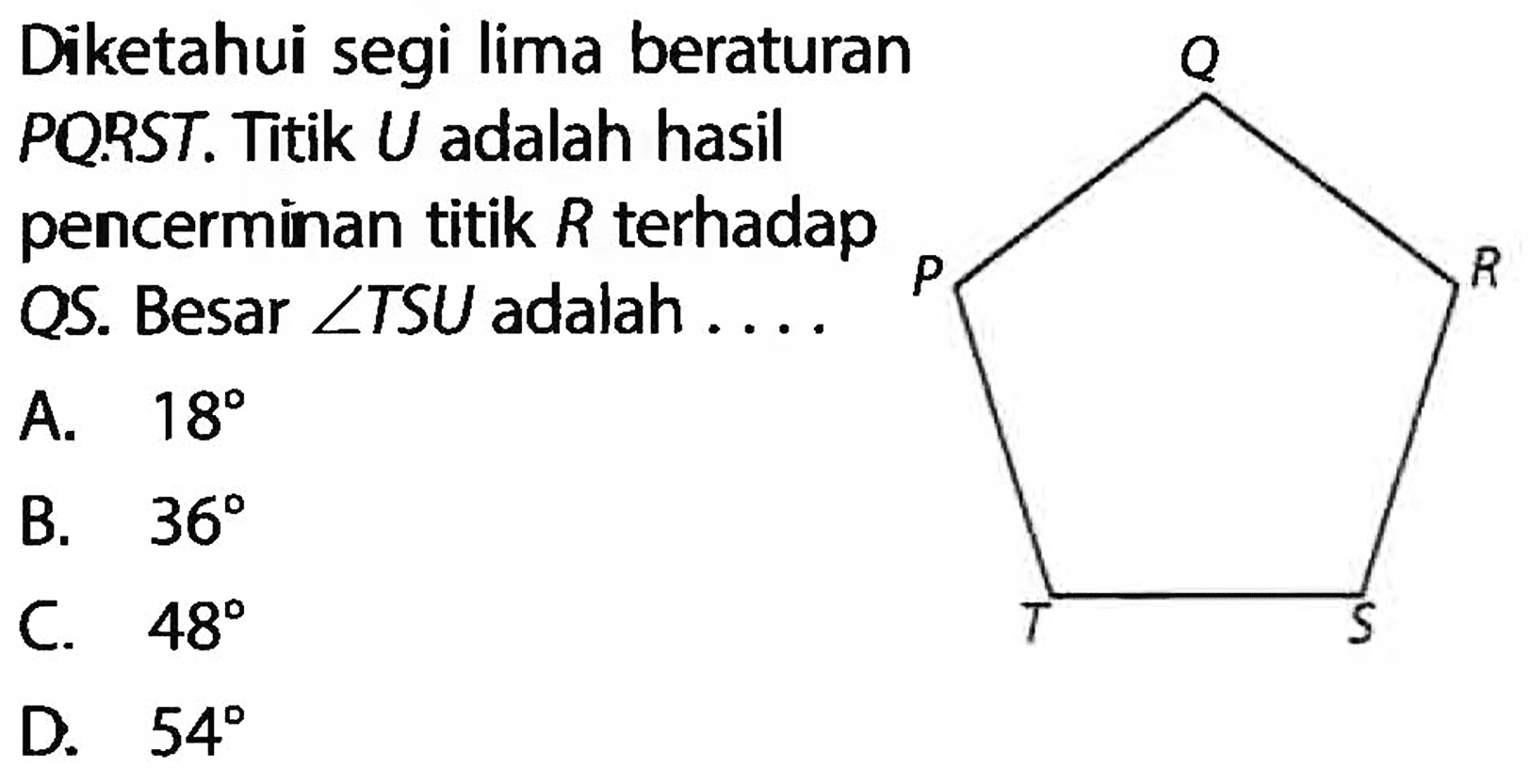 Diketahui segi lima beraturan PQ.PST. Titik U adalah hasil pencerminan titik R terhadap QS. Besar sudut TSU adalah  .... .