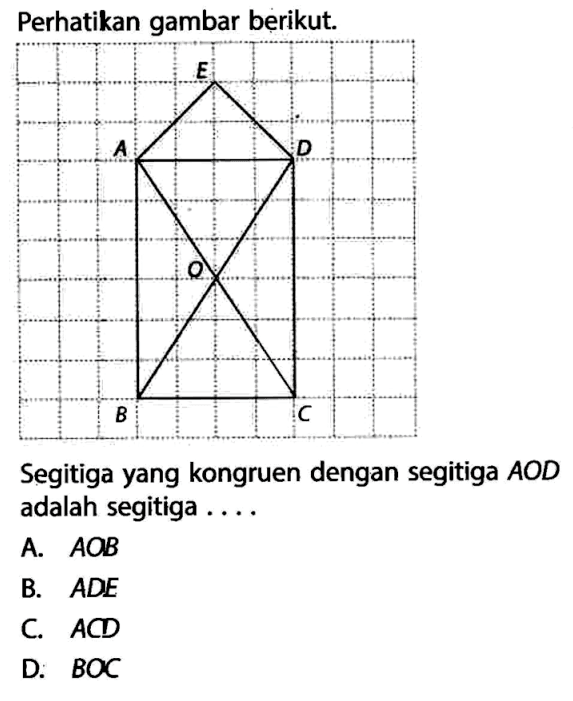 Perhatikan gambar berikut. E A D O B CSegitiga yang kongruen dengan segitiga  AOD  adalah segitiga ....