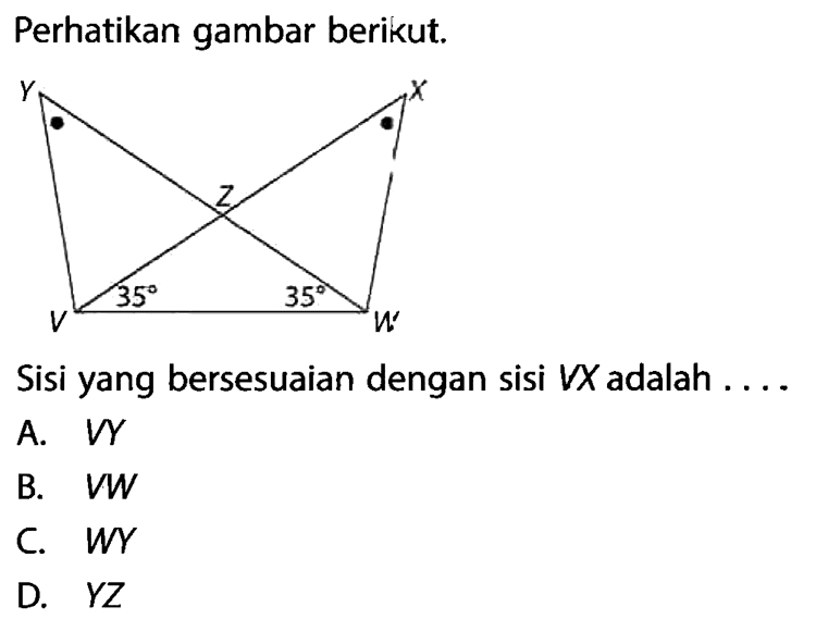 Perhatikan gambar berikut.YZXVW, 35, 35.Sisi yang bersesuaian dengan sisi VX adalah ....A. VY 
B. VW 
C. WY 
D. YZ 