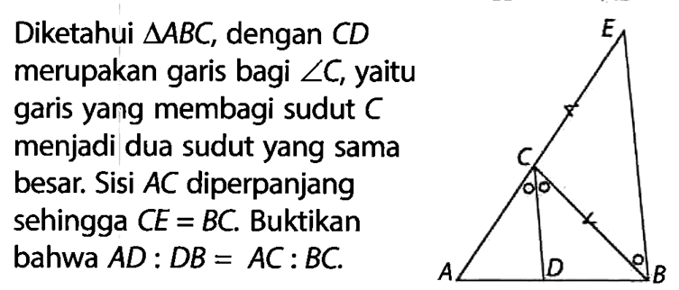 Diketahui segitiga ABC, dengan CD merupakan garis bagi sudut C, yaitu garis yang membagi sudut C menjadi dua sudut yang sama besar. Sisi AC diperpanjang sehingga CE=BC. Buktikan bahwa AD:DB = AC:BC. E C A D B