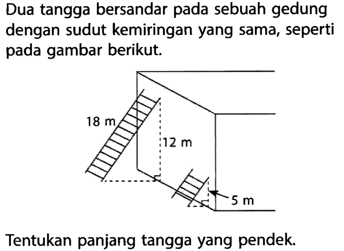 Dua tangga bersandar pada sebuah gedung dengan sudut kemiringan yang sama, seperti pada gambar berikut. 18 m 12 m 5 mTentukan panjang tangga yang pendek.