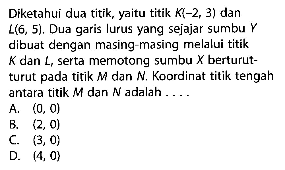 Diketahui dua titik, yaitu titik K(-2, 3) dan L(6, 5). Dua lurus yang sejajar sumbu Y garis dibuat dengan masing-masing melalui titik K dan L, serta memotong sumbu X berturut- turut pada titik M dan N. Koordinat titik tengah antara titik M dan N adalah 