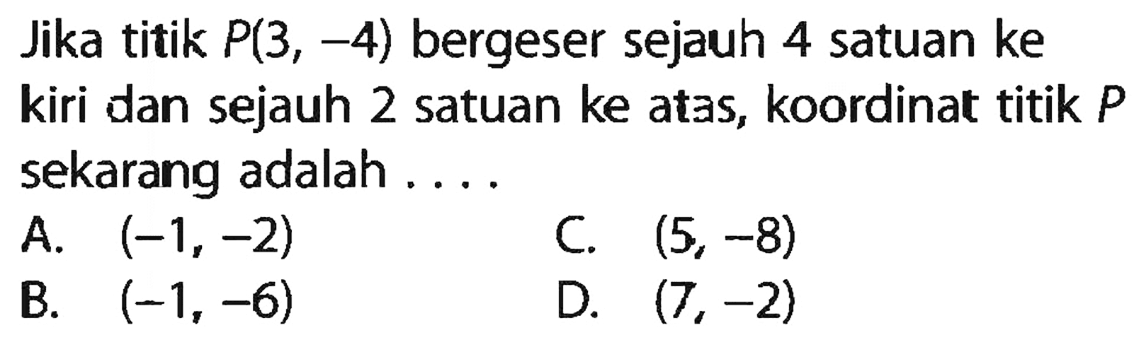 Jika titik P(3, -4) bergeser sejauh 4 satuan ke kiri dan sejauh 2 satuan ke atas, koordinat titik P sekarang adalah...