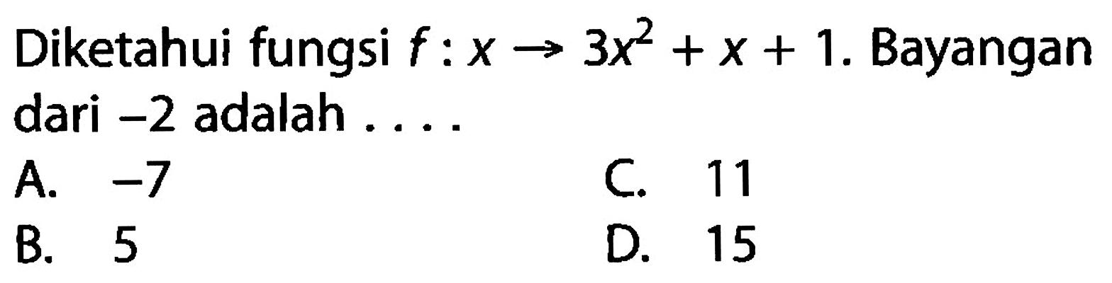 Diketahui fungsi f : X -> 3x^2 + x + 1. Bayangan dari -2 adalah....