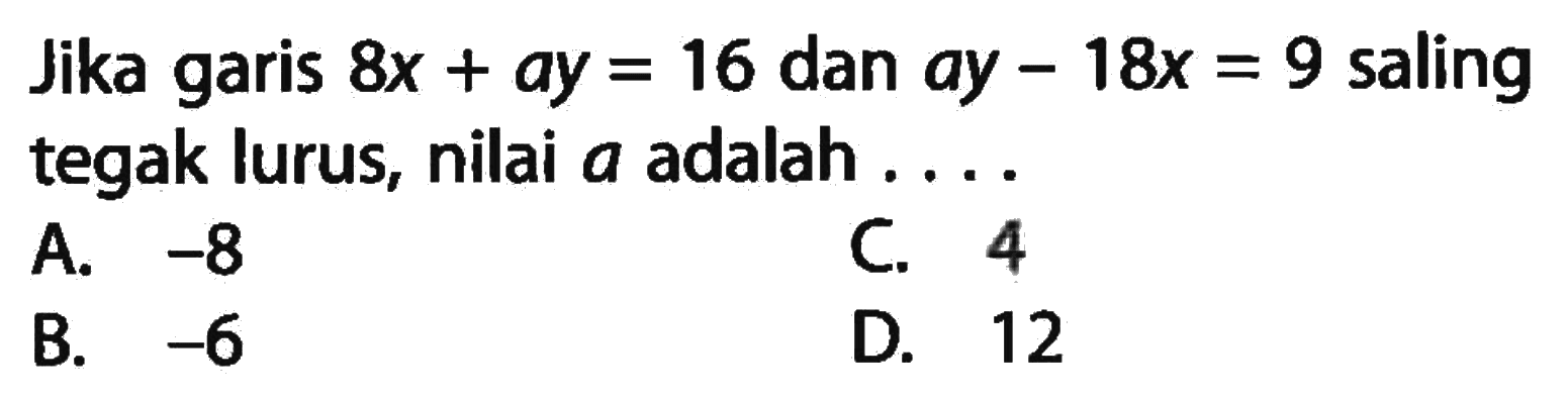 Jika garis 8x+ay=16 dan ay-18x=9 saling tegak lurus, nilai a adalah....