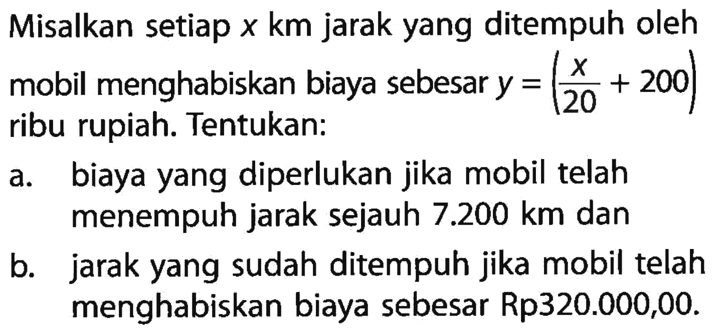 Misalkan setiap x km jarak yang ditempuh oleh mobil menghabiskan biaya sebesar y = (x/20 + 200) ribu rupiah. Tentukan: 
a. biaya yang diperlukan jika mobil telah menempuh jarak sejauh 7.200 km dan 
b. jarak yang sudah ditempuh jika mobil telah menghabiskan biaya sebesar Rp320.000,00.