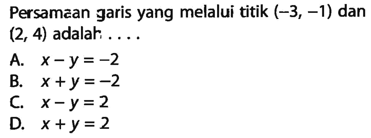 Persamaan garis yang melalui titik (-3,-1) dan (2,4) adalah ....