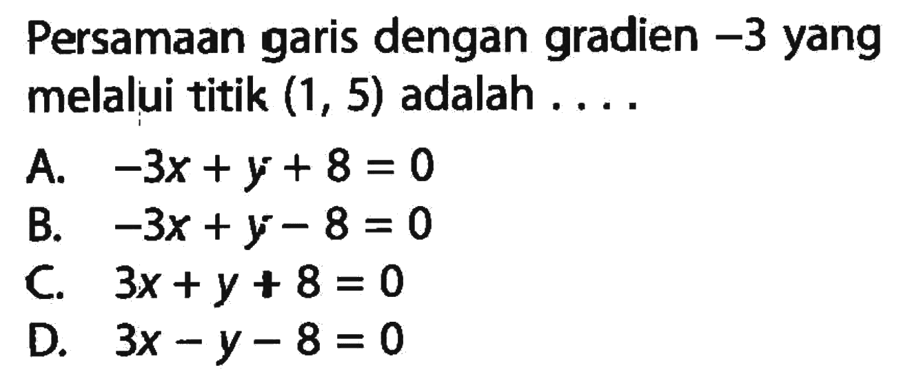 Persamaan garis dengan gradien -3 yang melalui titik (1, 5) adalah ....