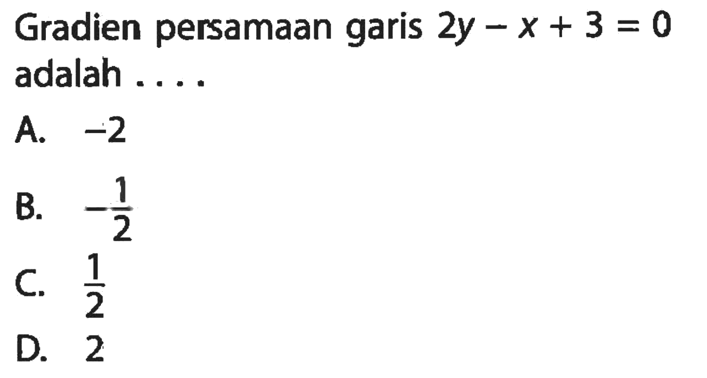 Gradien persamaan garis 2y-x+3=0 adalah ..