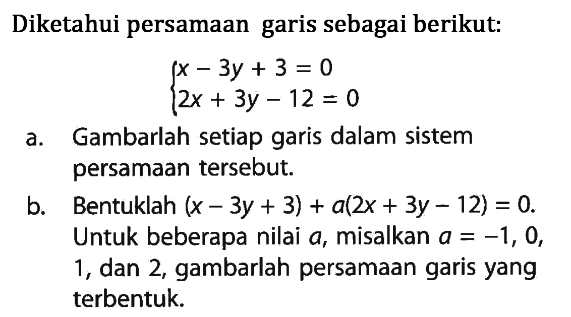 Diketahui persamaan garis sebagai berikut: x - 3y + 3 = 0 2x + 3y - 12 = 0 Gambarlah setiap garis dalam sistem a. persamaan tersebut. b. Bentuklah (x - 3y + 3) + a(2x + 3y - 12) = 0. Untuk beberapa nilai a, misalkan a = -1, 0, 1, dan 2, gambarlah persamaan garis yang terbentuk.