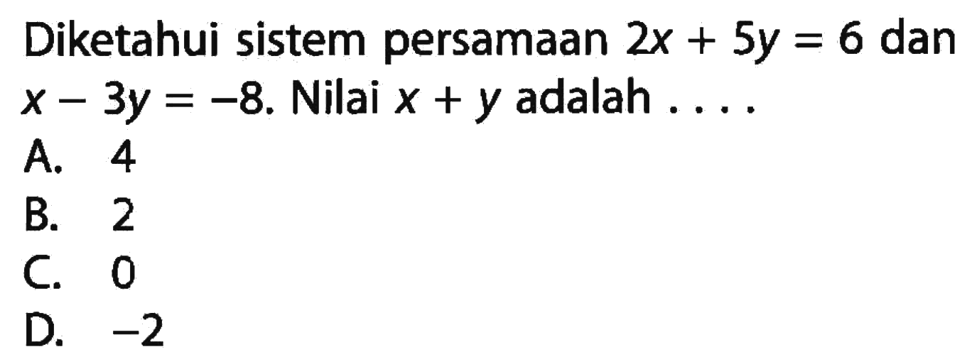 Diketahui sistem persamaan 2x + 5y = 6 dan x - 3y = -8. Nilai x + y adalah . . . .