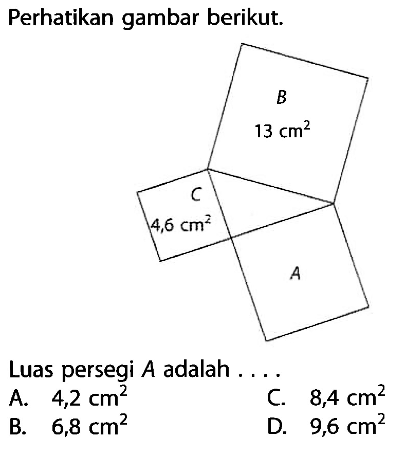 Perhatikan gambar berikut. 13 cm^2 4,6 cm^2
Luas persegi  A  adalah ...
