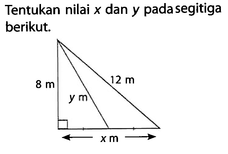 Tentukan nilai  x  dan y padasegitiga berikut. 8 m 12 m y m x m