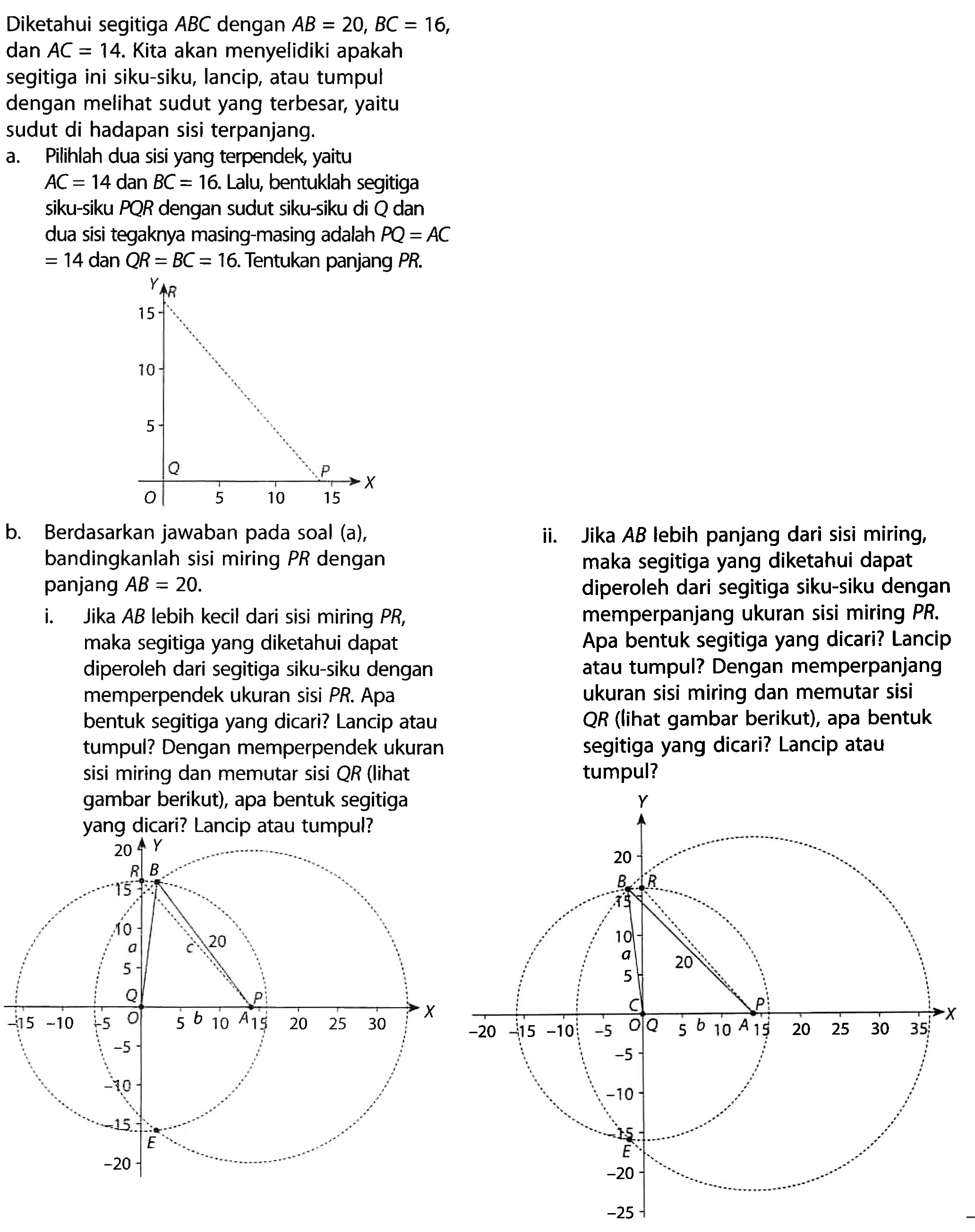 Diketahui segitiga ABC dengan AB = 20, BC = 16, dan AC = 14. Kita akan menyelidiki apakah segitiga ini siku-siku, lancip, atau tumpul dengan melihat sudut yang terbesar, yaitu sudut di hadapan sisi terpanjang.a. Pililah dua sisi yang terpendek, yaitu AC = 14 dan BC = 16, Lalu, bentuklah segitiga siku-siku POR dengan sudut sikusiku di Q dan dua sisi tegaknya masing-masing adalah PQ = AC=14 dan QR = BC = 16. Tentukan panjang PR.b. Berdasarkan jawaban pada soal (a), bandingkanlah sisi miring PR dengan panjang AB = 20.i. Jika AB lebih kecil dari sisi miring PR, maka segitiga yang diketahui dapat diperoleh dari segitiga siku-siku dengan memperpendek ukuran sisi PR. Apa bentuk segitiga yang dicari? Lancip atau tumpul? Dengan memperpendek ukuran sisi miring dan memutar sisi QR (lihat gambar berikut), apa bentuk segitiga yang dicari? Lancip atau tumpul?ii. Jika AB lebih panjang dari sisi miring, maka segitiga yang diketahui dapat diperoleh dari segitiga siku-siku dengan memperpanjang ukuran sisi miring PR. Apa bentuk segitiga yang dicari? Lancip atau tumpul? Dengan memperpanjang ukuran sisi miring dan memutar sisi QR (lihat gambar berikut), apa bentuk segitiga yang dicari? Lancip atau tumpul?