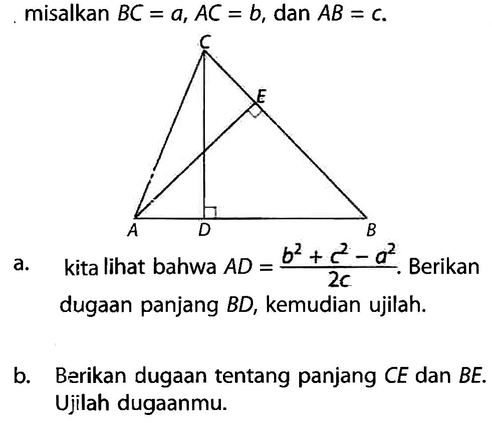 misalkan BC=a, AC=b , dan AB=c.
ADBEC
a. kita lihat bahwa AD=(b^2+c^2-a^2)/2c). Berikan dugaan panjang BD, kemudian ujilah.
b. Berikan dugaan tentang panjang C E dan B E. Ujilah dugaanmu.