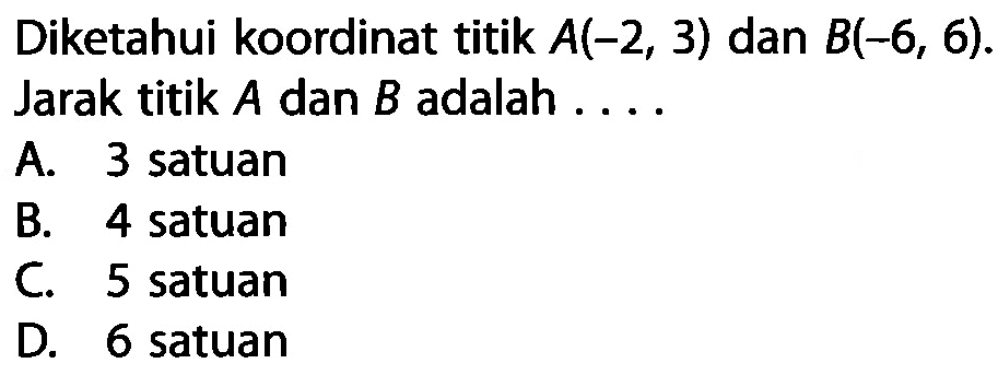 Diketahui koordinat titik A(-2, 3) dan B(-6, 6) Jarak titik A dan B adalah ....