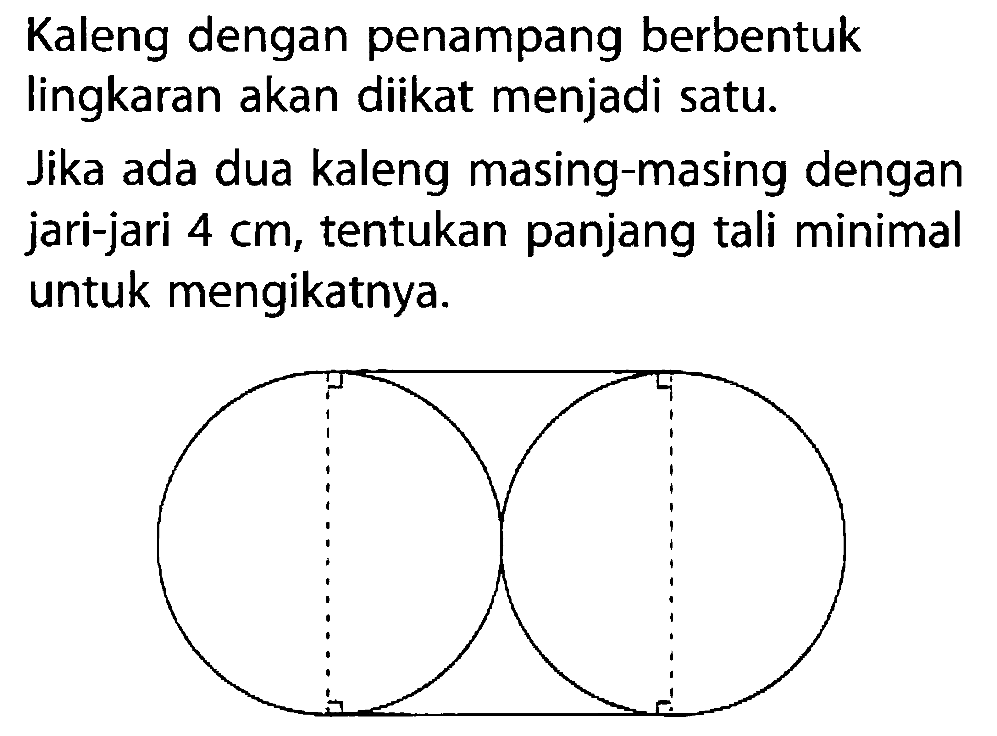 Kaleng dengan penampang berbentuk lingkaran akan diikat menjadi satu. Jika ada dua kaleng masing-masing dengan jari-jari 4 cm, tentukan panjang tali minimal untuk mengikatnya.