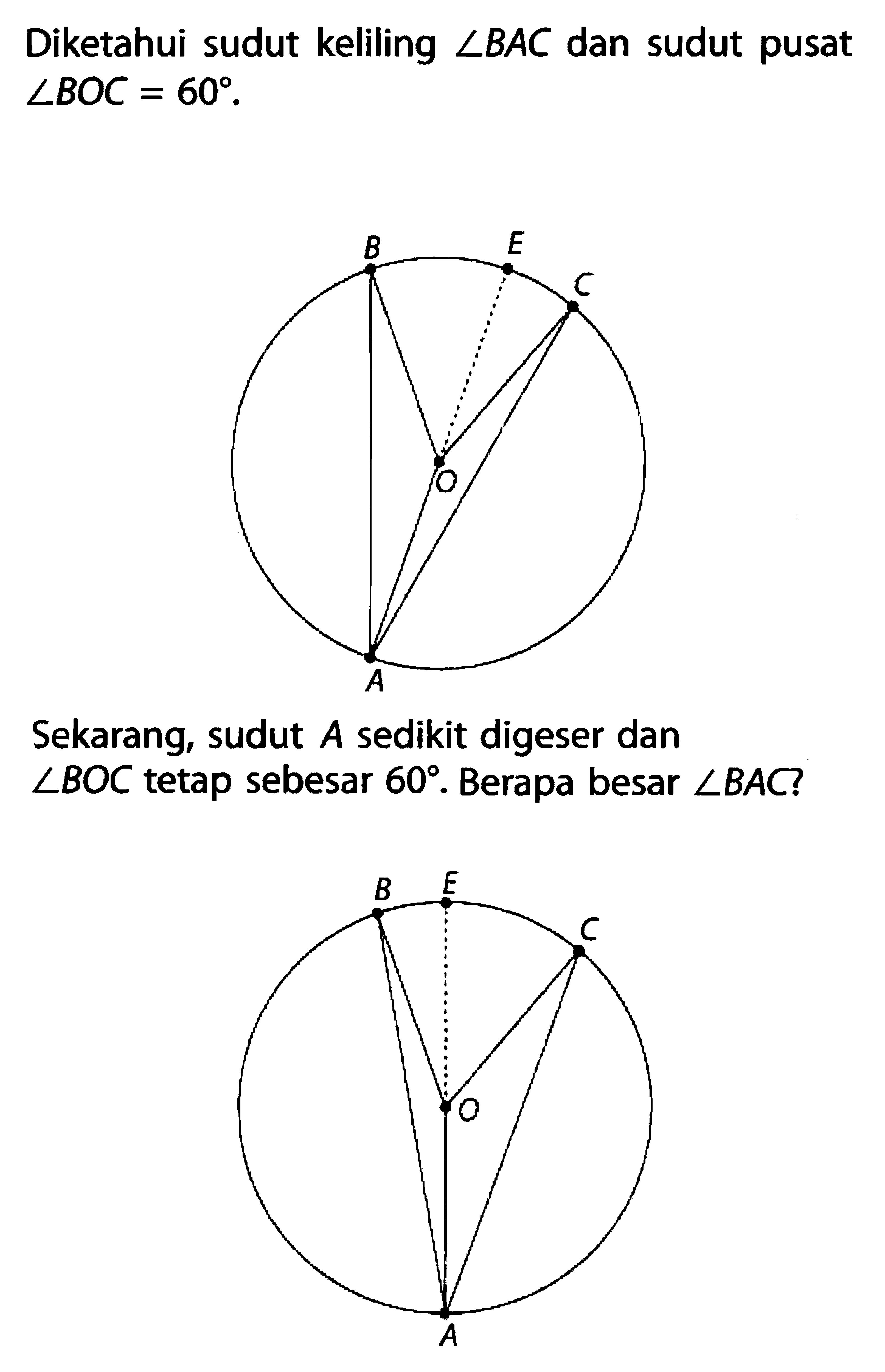 Diketahui sudut keliling sudut BAC dan sudut pusat sudut BOC=60.Sekarang, sudut A sedikit digeser dan sudut BOC tetap sebesar 60. Berapa besar sudut BAC?