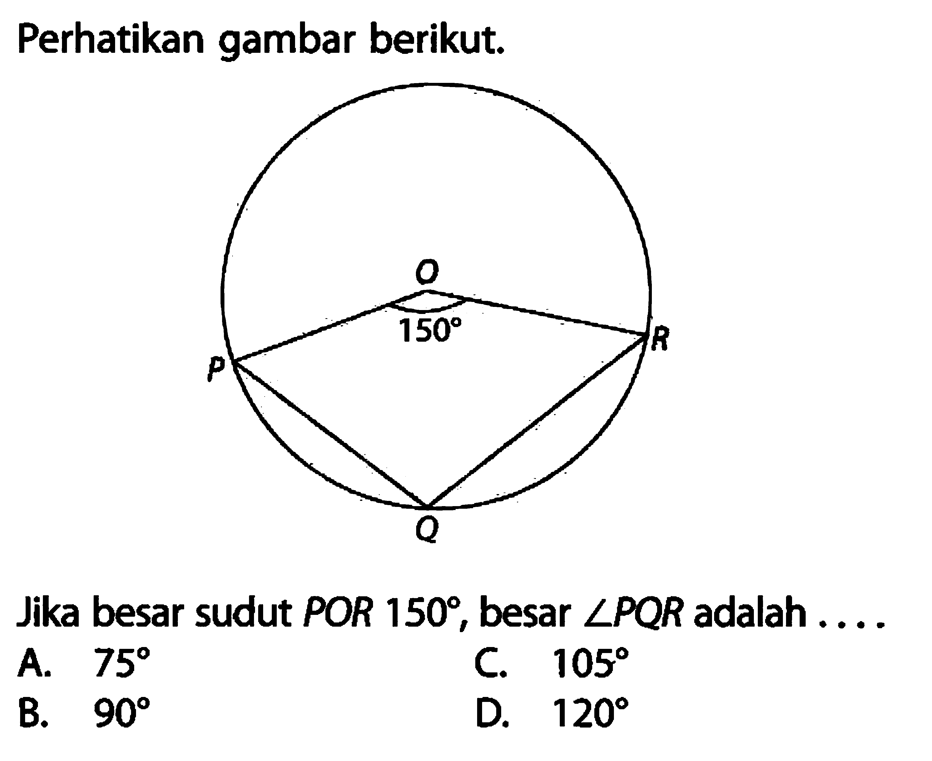 Perhatikan gambar berikut. 150 Jika besar sudut POR 150, besar sudut PQR adalah ....