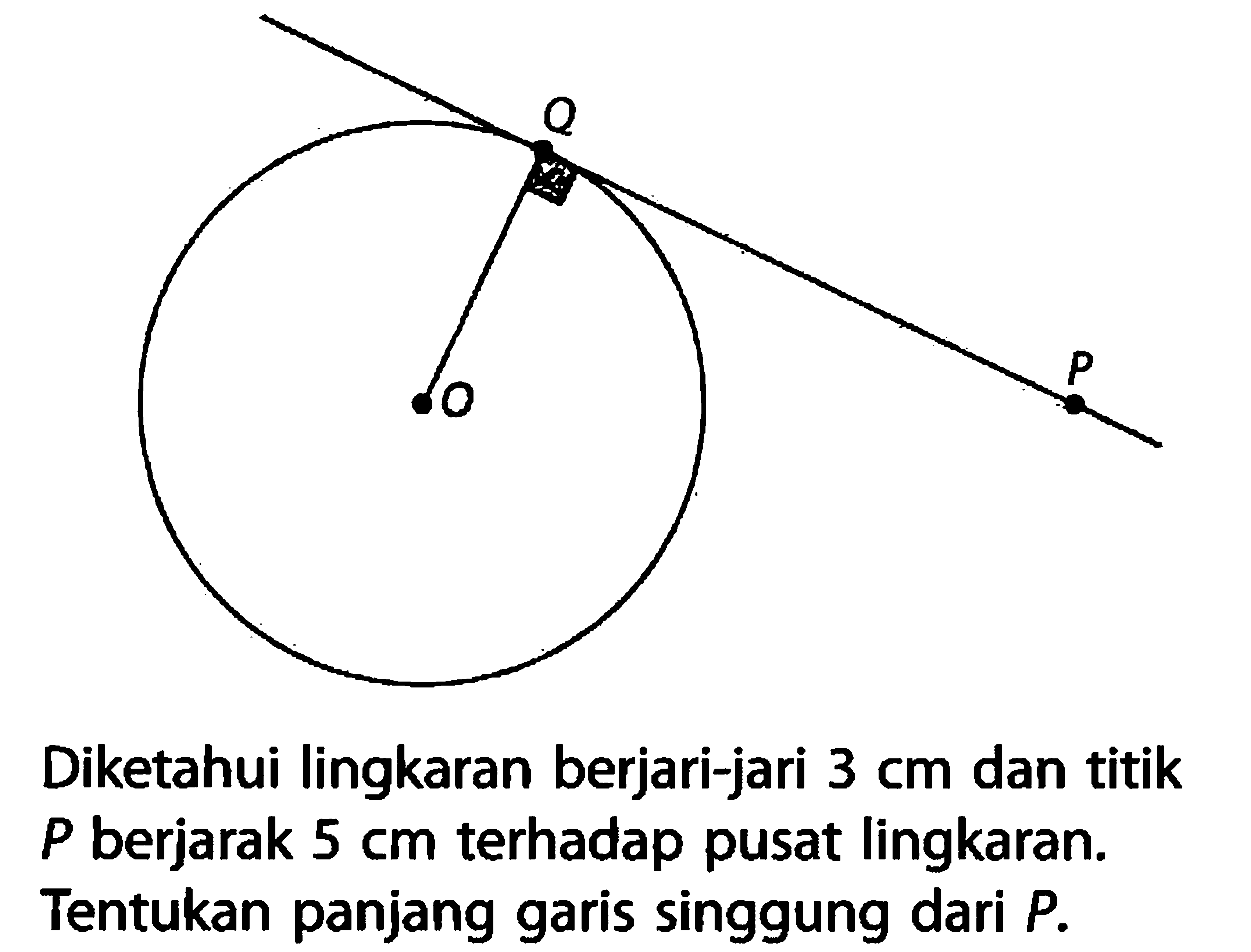 Diketahui lingkaran berjari-jari 3 cm dan titik P berjarak 5 cm  terhadap pusat lingkaran. Tentukan panjang garis singgung dari  P .