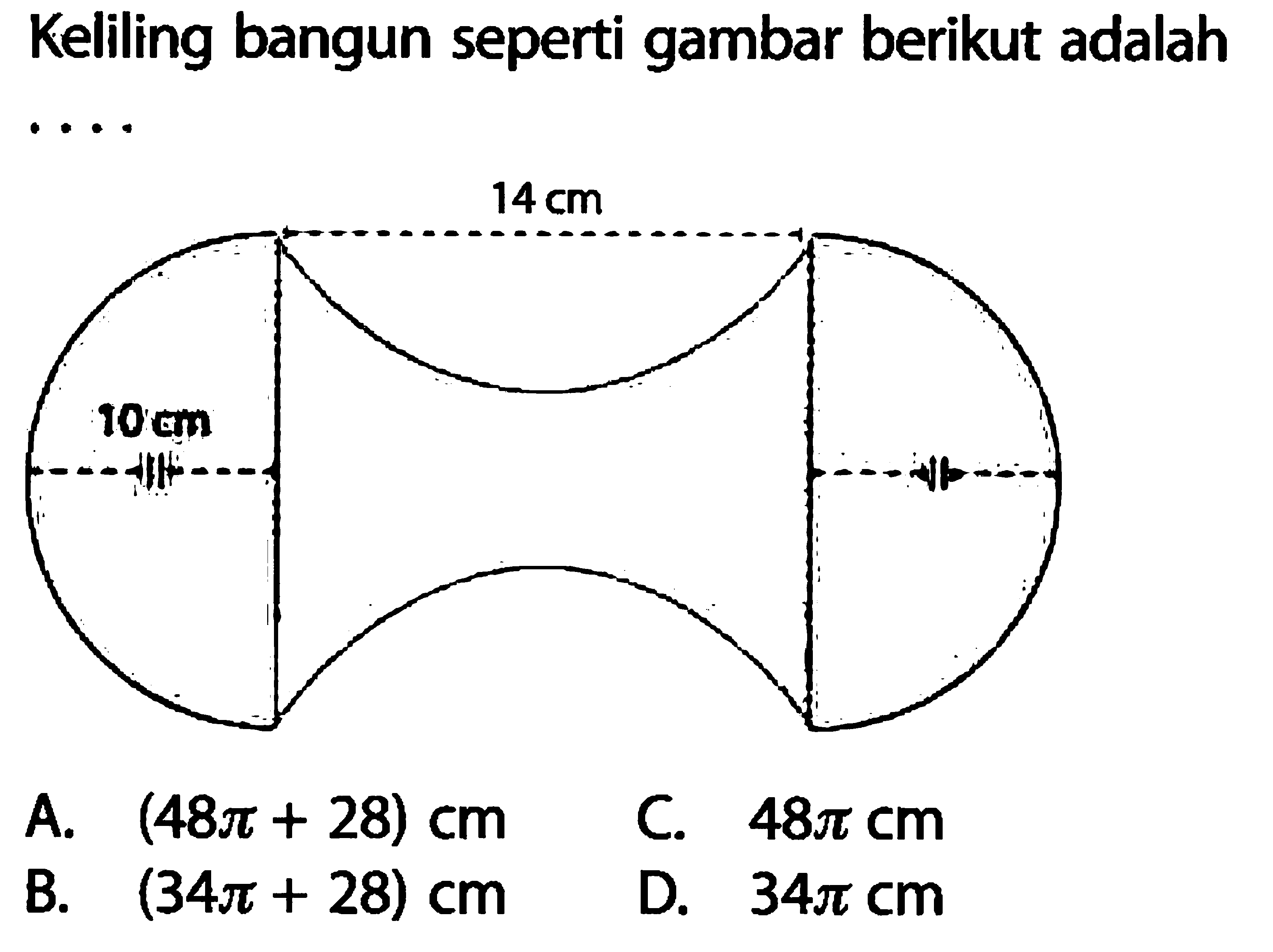 Keliling bangun seperti gambar berikut adalah ....10 CM 14 CM 